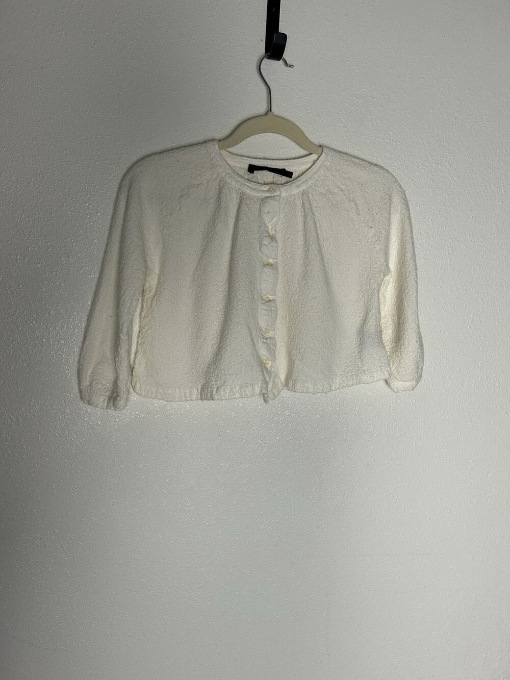Jenni Kayne Ivory Ruffled Cropped Crinkle Cardigan Quiet Luxury Wool Size Small